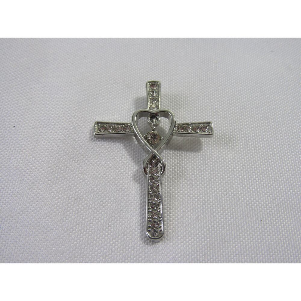 Silver Tone Clear Rhinestone Heart‎ Cross Pendant 1 3/4" Christian Faith Charm